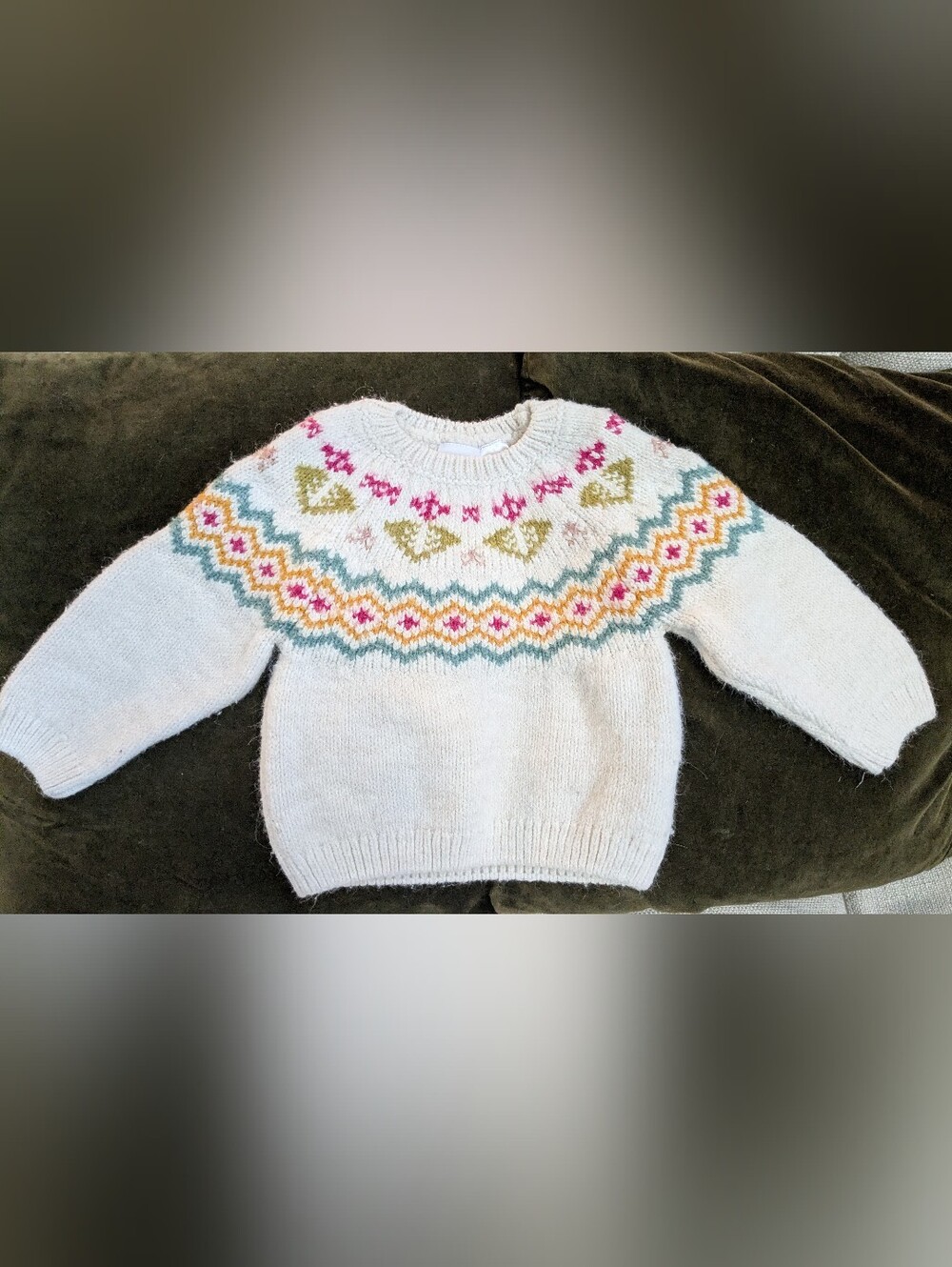 Zara Cream Fair Isle Crewneck Sweater with Pink, Green & Teal Yoke